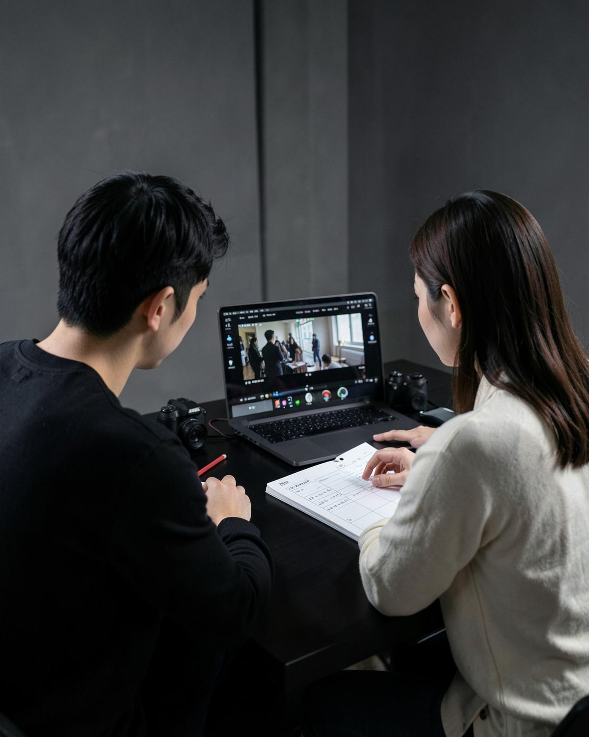 촬영 결과물을 확인하며 다음 콘텐츠를 기획하는 크리에이터들